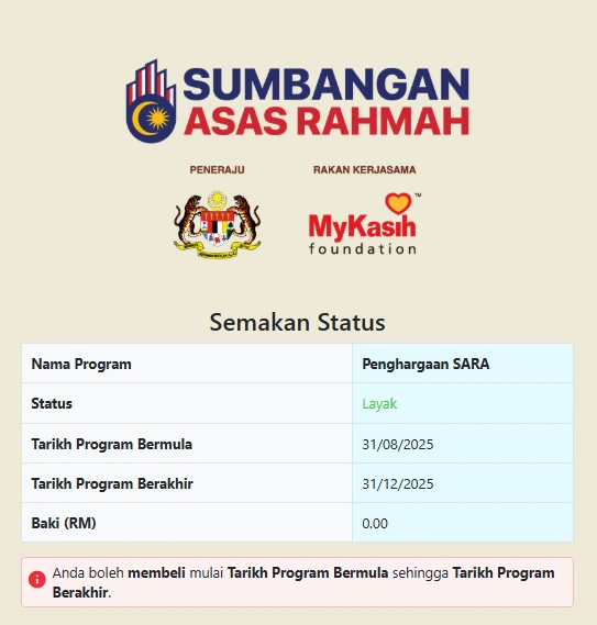 STATUS KELAYAKAN SARA RM100 ONE-OFF